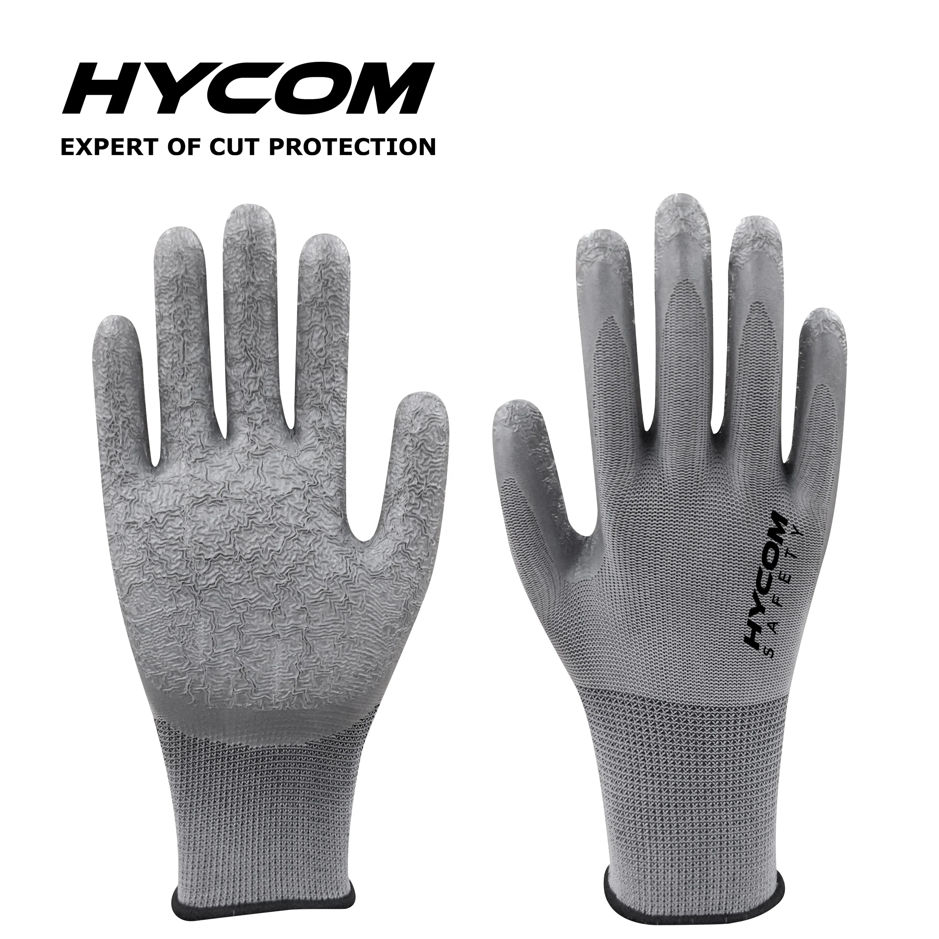 HYCOM P13CL wrinkled latex coated on 13 gauge grey polyester cotton liner latex gloves price