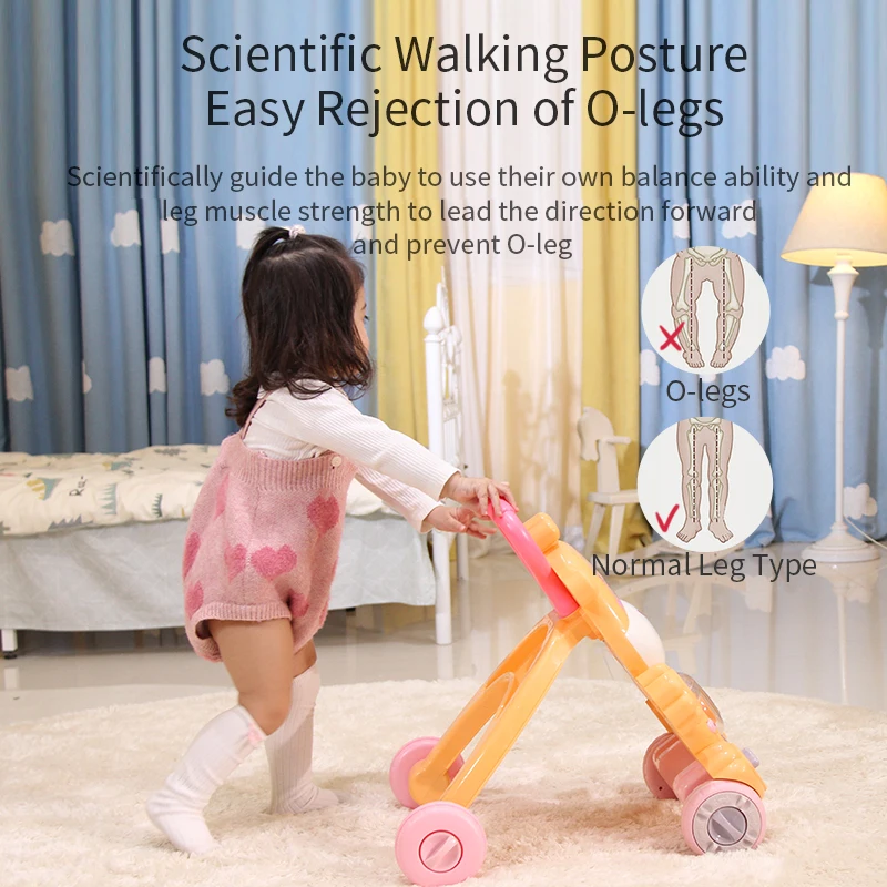 FiveStar New Arrival 4 Wheels Cute Toy Education Learning Cartoon Musical Toys Push Walker Sit-to-stand Learning Walker Kids