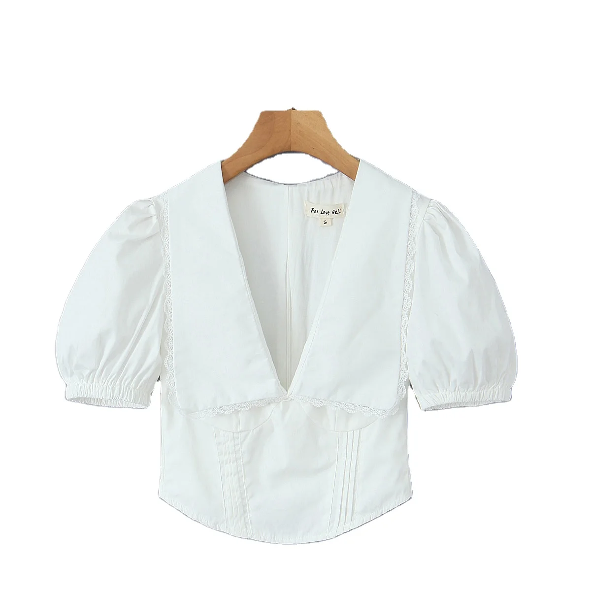 V neck white color short sleeve lace casual modest cotton blouse for women