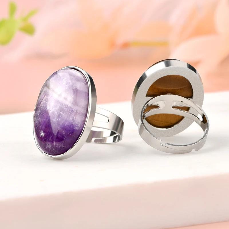 High quality oval shaped Natural Stone Adjustable Rings Healing Stone Rings for men Gemstone Jewelry Crystal Rings