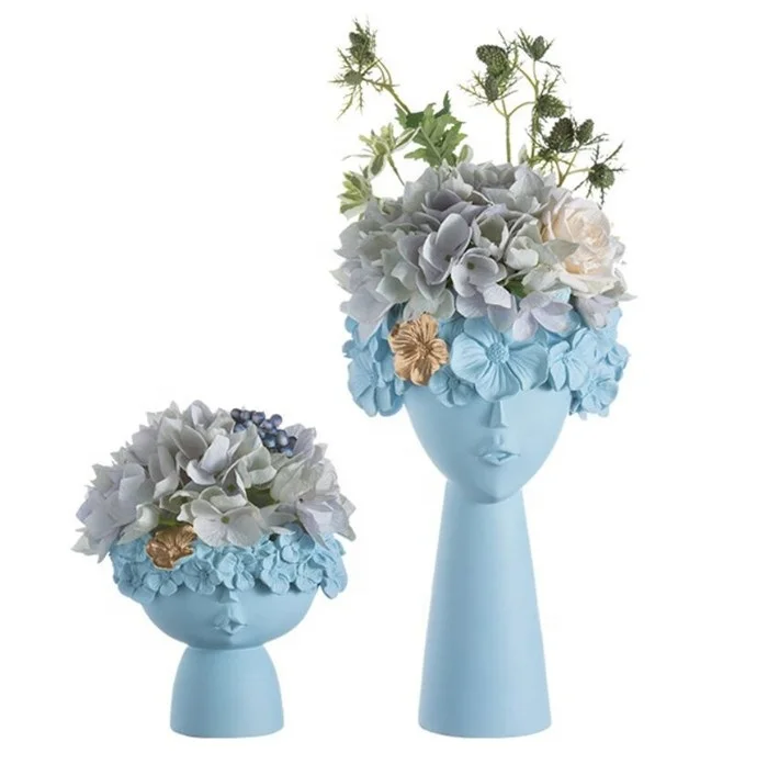 Hot Sale Office And Indoor Polyresin Figurines Flowerpot Handicarfs Planter Garden Bonsia Blue Color Flowerpot