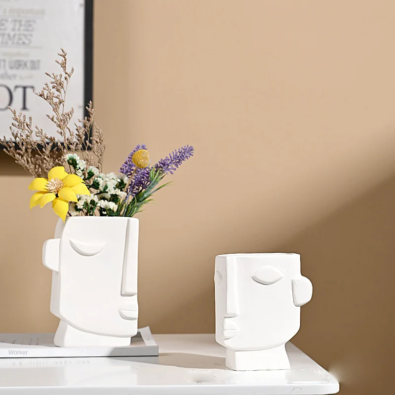 Hot Sale Nordic Modern White Human Face Ceramic Vase For Home Decor Office Table Top Porcelain Flower Pot Accessories