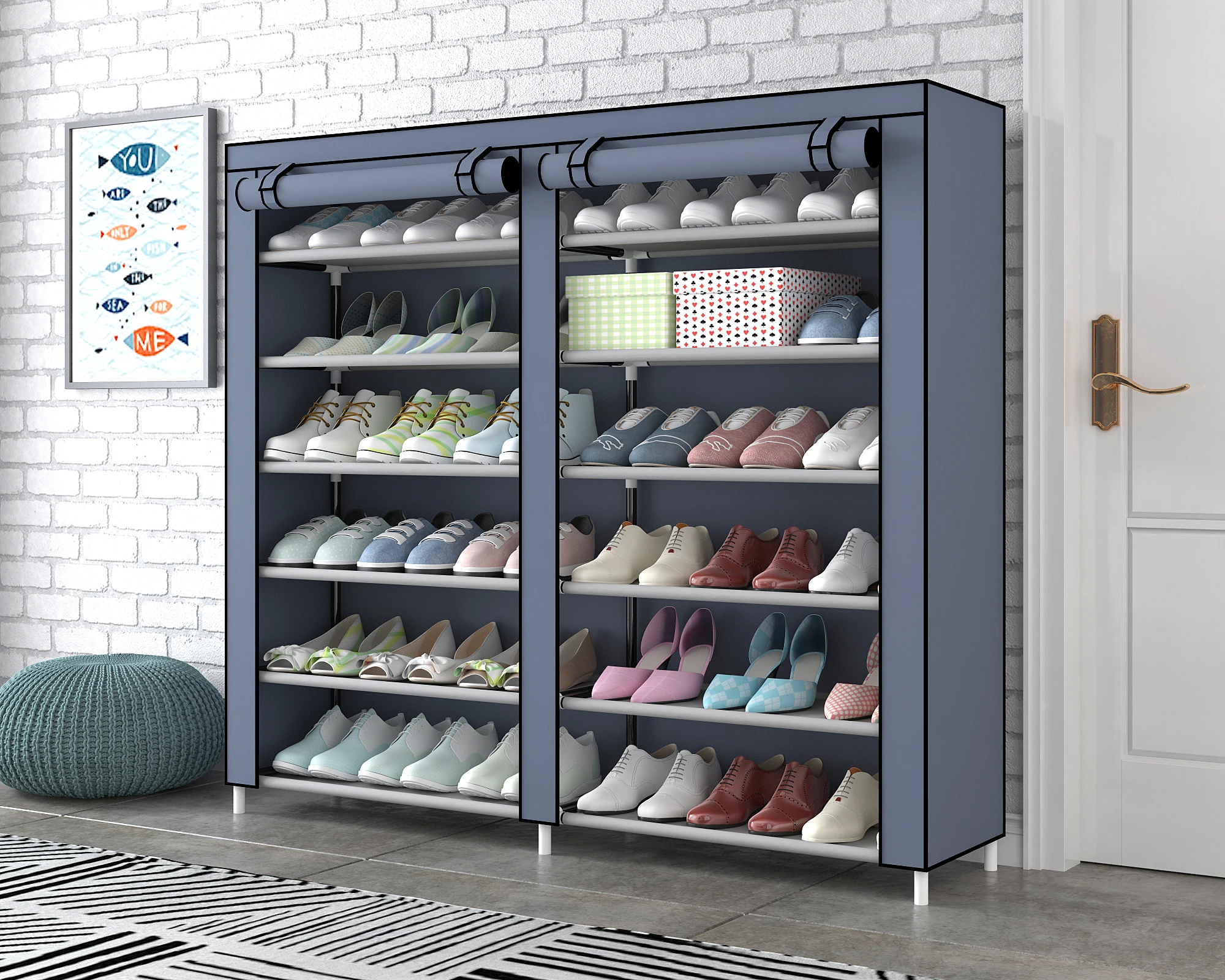 
50 pair portable fabric shoe rack organizer cabinet for store steel double layer shoes foldable matel shelf for home modern 