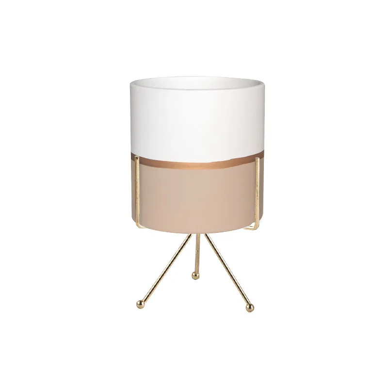 Oem 2022 Hot Sale Cylinder Shape Ceramic Succulent Flower Plant Pots With Metal Stand