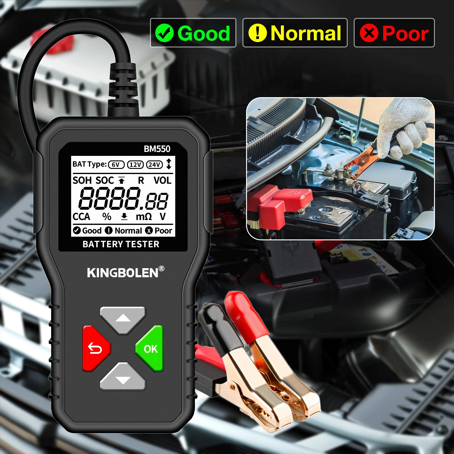 Тестер автомобильного аккумулятора KINGBOLEN BM550 OBD2 6V 12V 24V 100-2000 CCA 2Ah-220Ah