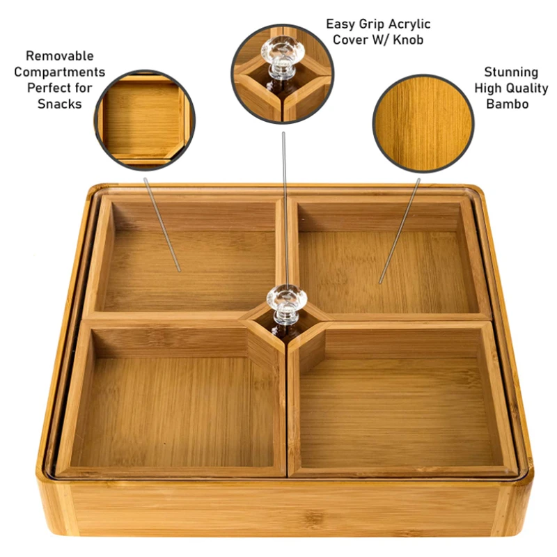 Wholesale Modern Styles Wooden Serving Platter Wooden Bamboo Divided Serving Tray with Lid
