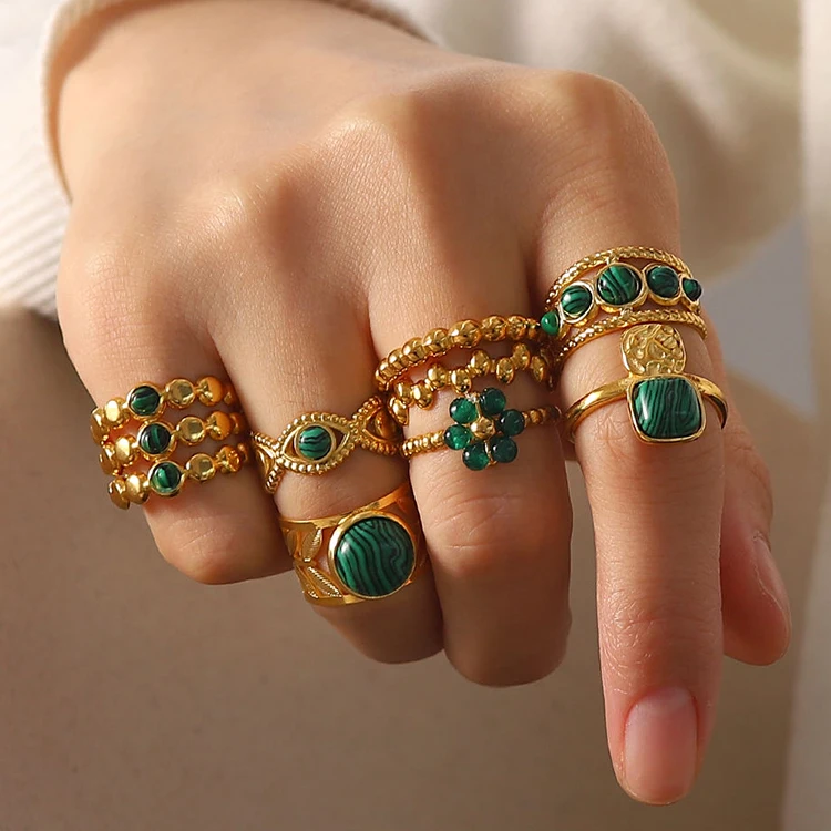 18k Gold Plated Snake Green Stone Cross Emerald Open Ring Stainless Steel Adjustable Rings