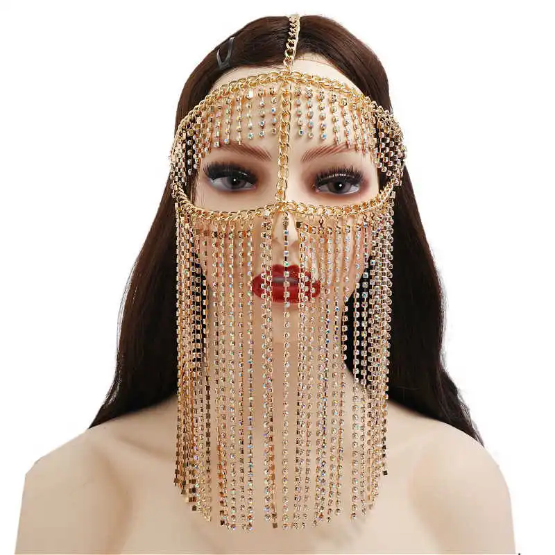  Rhinestone Chain Tassel Facemask Face Jewelry Women Mardi Gras Head Dance Performance