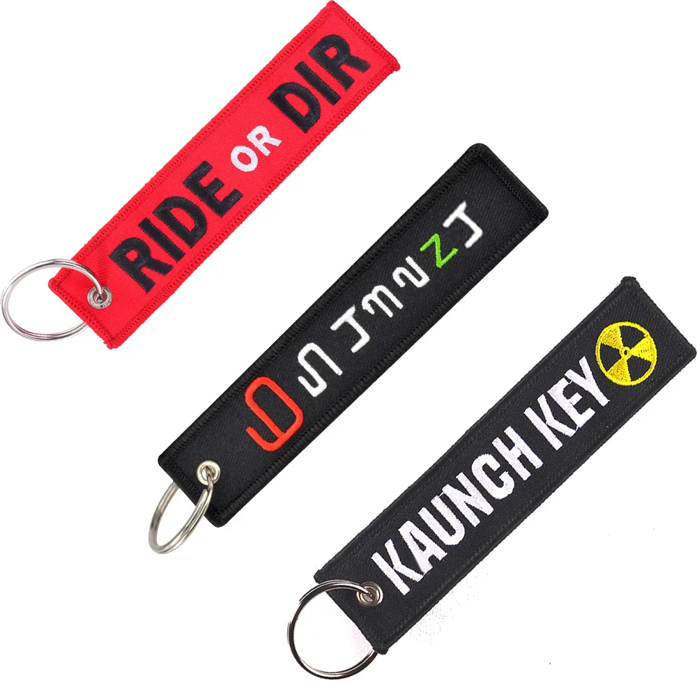 Wholesale Custom Logo Key Jet Tag Double-sided Embroidery Keychain Fabric Woven Brand Label Promotional Keychains & Carabiners