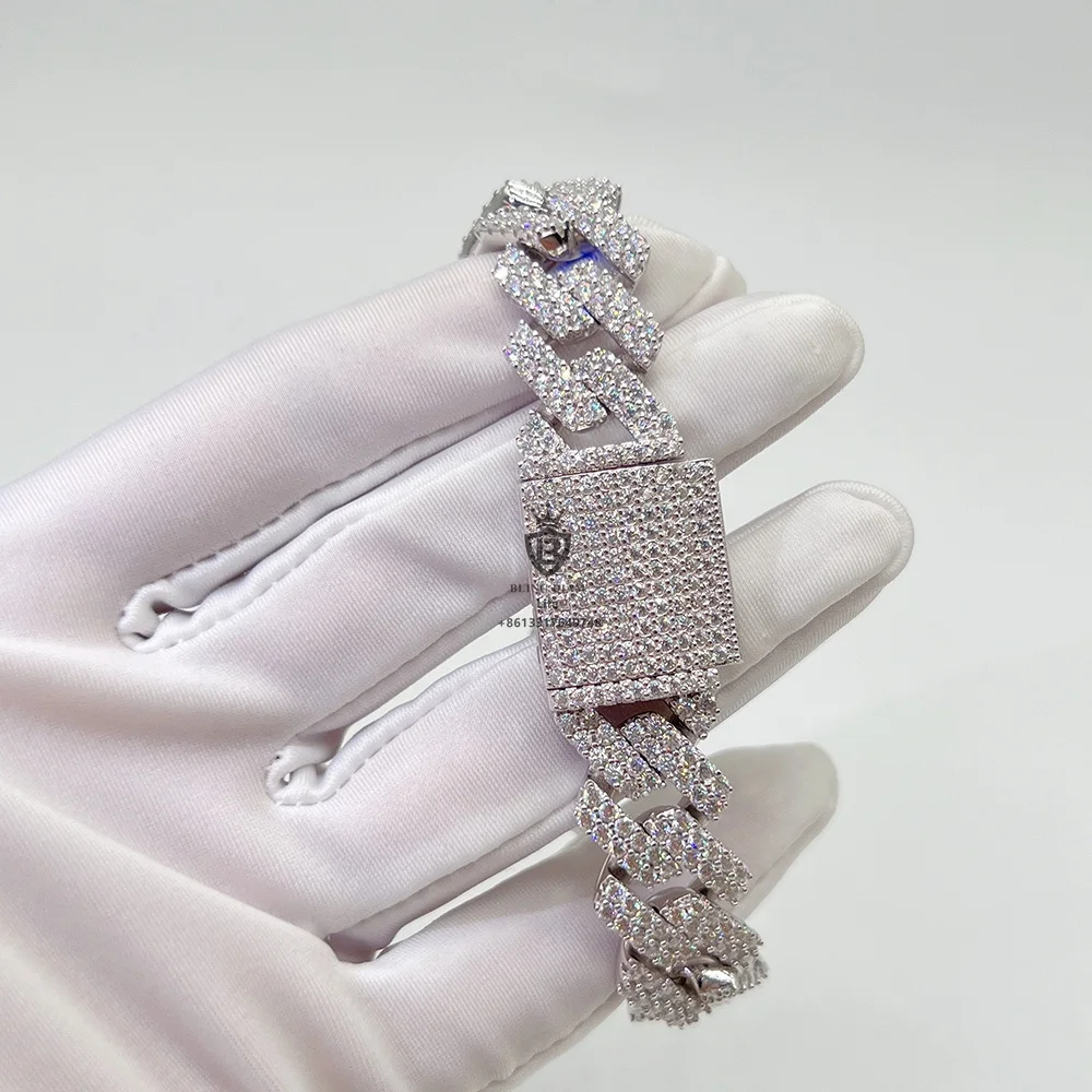 Popular design custom clasp gra certificate moissanite diamond 15mm cuban link sterling silver hip hop bracelets for mens