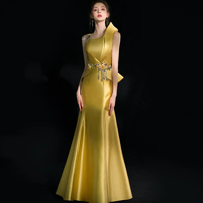OEM Custom Evening Dresses 2023 Banquet Style Long Gowns Fishtail Yellow Dresses Women Party