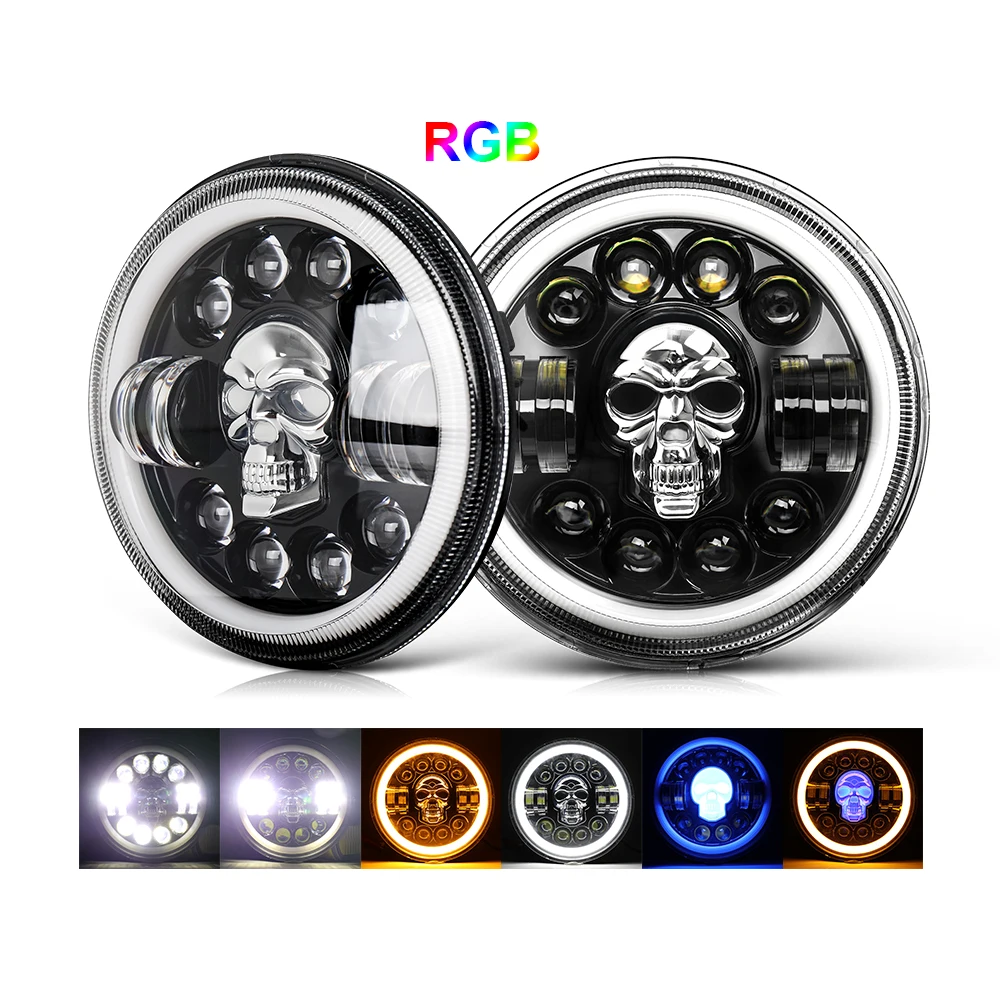  Dot E9 Skull RGB Super Bright LED Lamp Angle Eyes Daymaker Halo Ring DRL Round Motorcycle 7 Inch Headlights for Wrangler