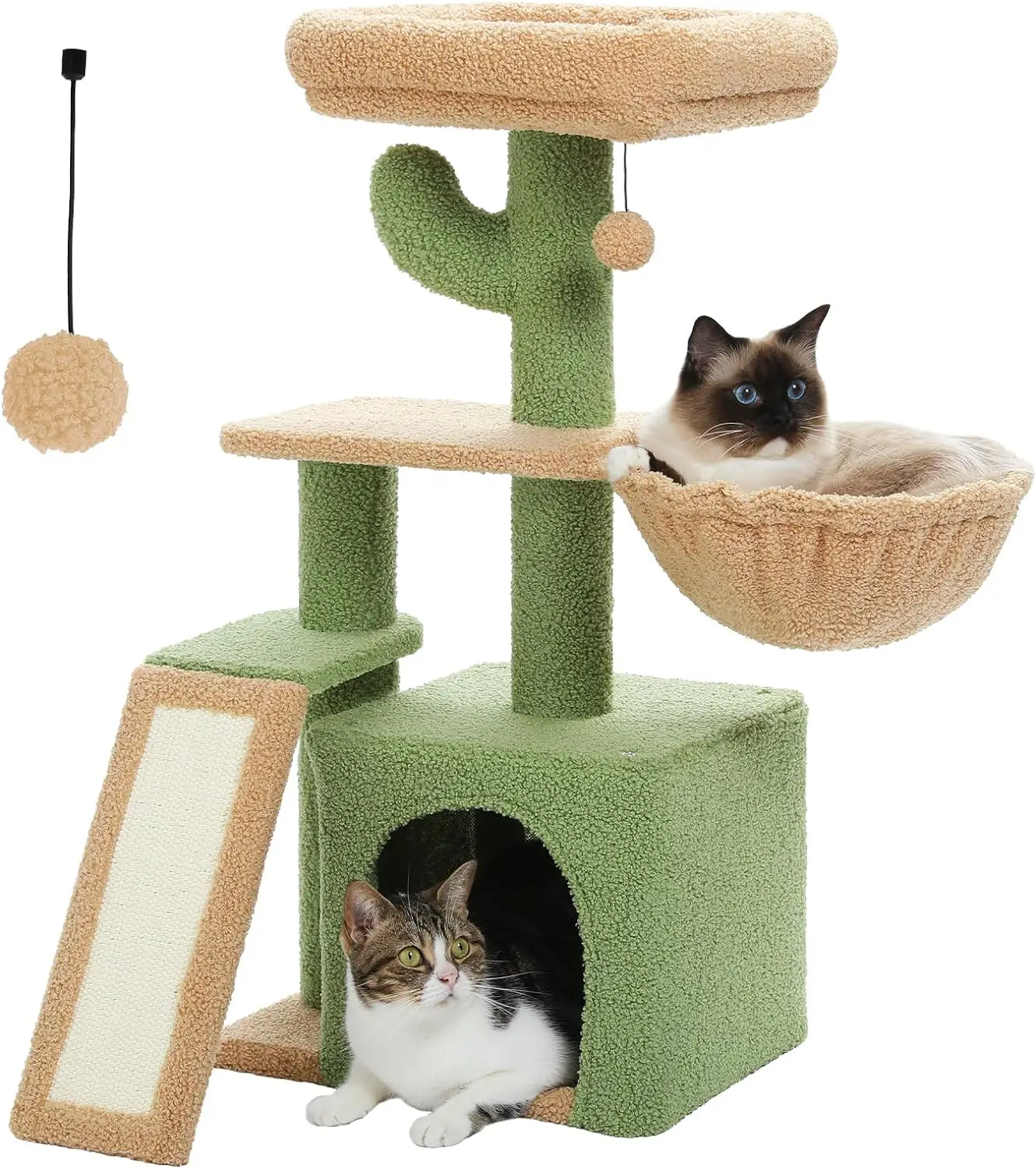 Wholesale Green Hot Palm Sisal Wooden Cat Trees Scratching Board Poles with Toy Ball Hanging Sisal Rope Cat Tree for Indoor