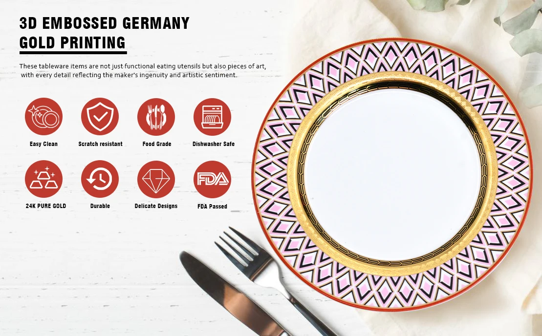 10.5inch with 8inch European elegant red color bone china porcelain gold rim wedding hotel beautiful dinner dish plate sets