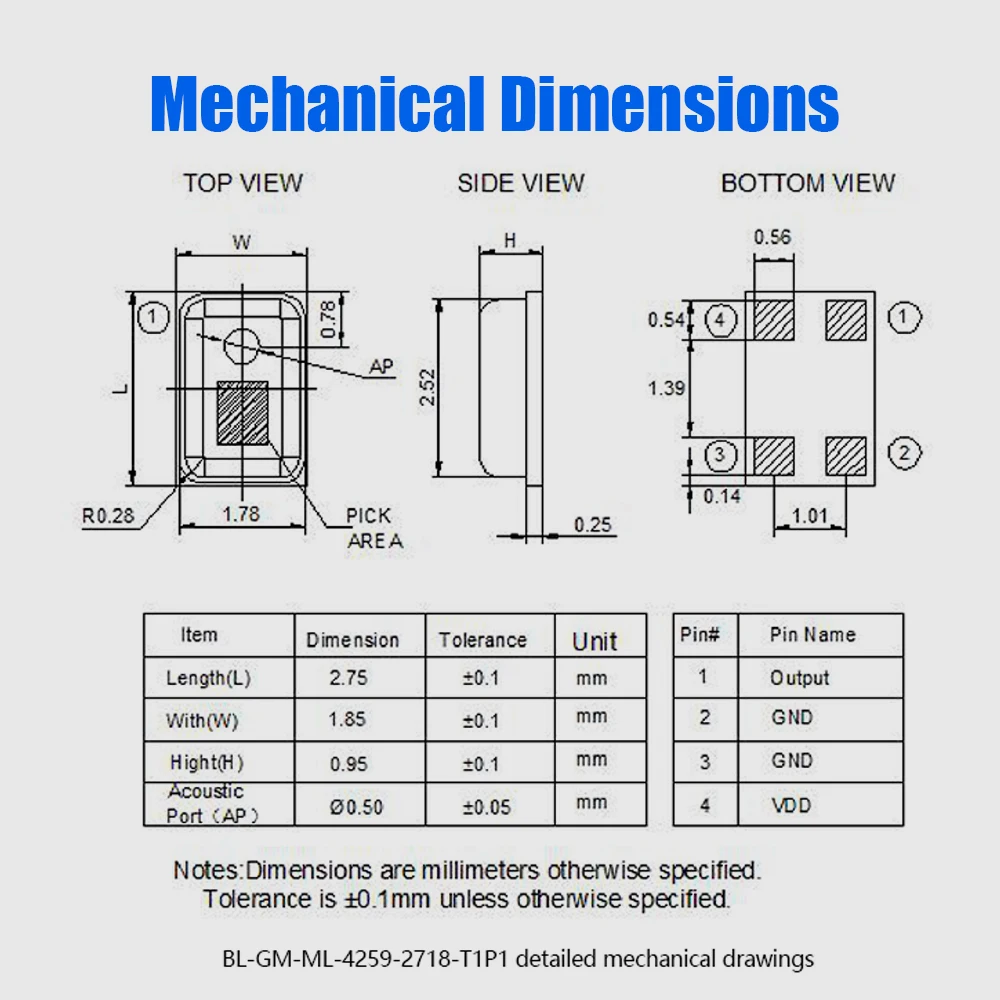 BL-GM-ML-4259-2718-T1P1 Omnidirectional Mems Microphone Component Bottom Port wearable intelligent system, etc