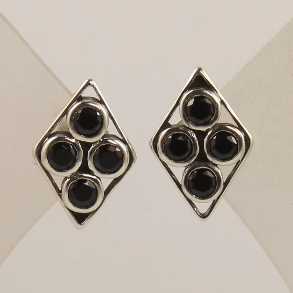 Diamond Shape 19 cm Multi Gem Stud Earring Black Onyx Earrings 925 Sterling Silver Natural BLACK ONYX Round Stones