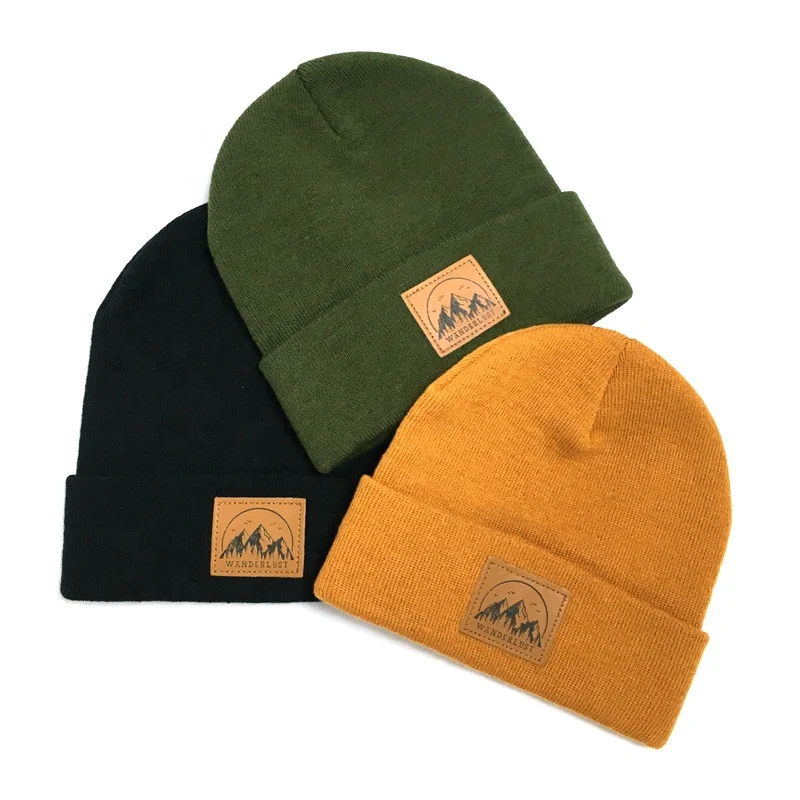 Various colors winter beanie with custom leather patch