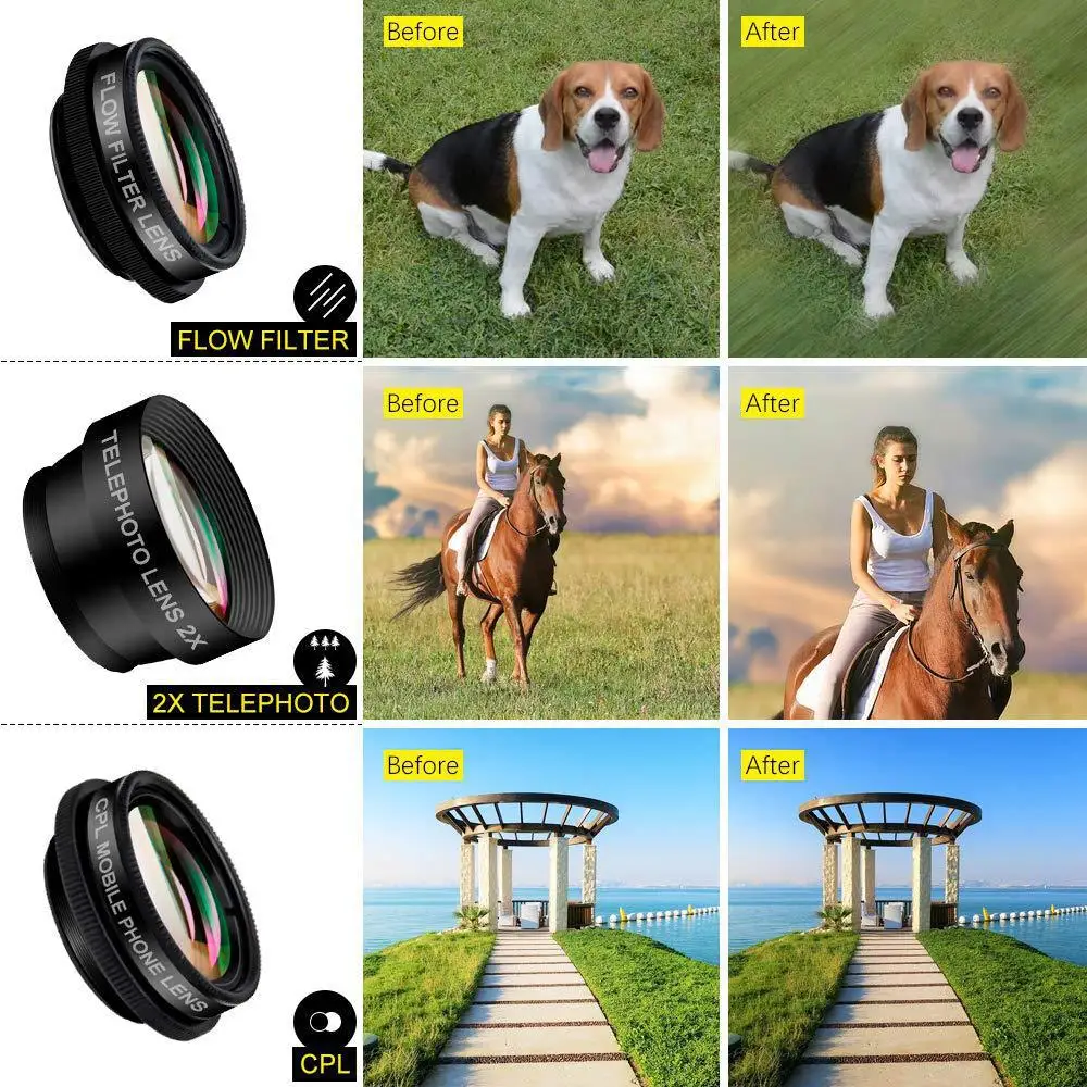 10 in 1 Super Wide Angle+ Macro+Fisheye Lens+ CPL+3/6+Starburst/Radial/Soft/Flow Filter Universal Clip On Phone Camera Lens Kit