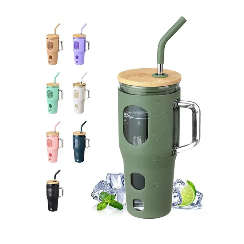 32 oz Reusable Glass Tumbler Handle Lid Straw-BPA Free Leak Proof Dishwasher Safe Iced Coffee Cup Silicone Sleeve Fits Car