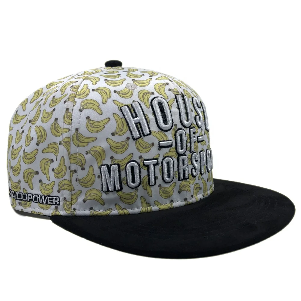 OEM customized banana sun caps for men two tones 3d embroidered woven tags full print sublimation custom logo snapback hats