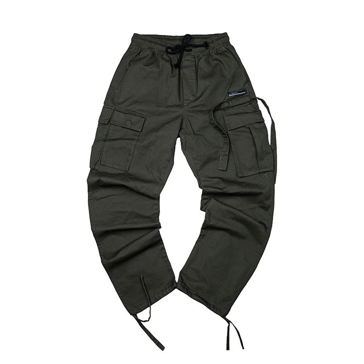 Mens hot selling casual vintage hip hop wide leg straight trousers autumn army green webbing cotton baggy cargo pants