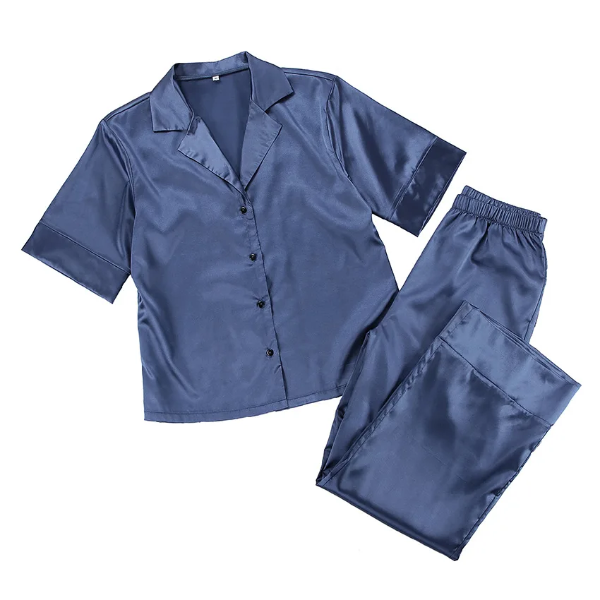 Autumn suit collar short sleeve suit collar pajamas trousers suit elegant comfortable high elastic satin pajamas women