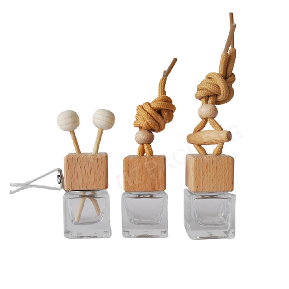 Fancy 8ml Diamond Shape Clear Perfume Glass Bottle Empty Car Diffuser Bottle Hanging With Wooden Cap For Fragrance Oil