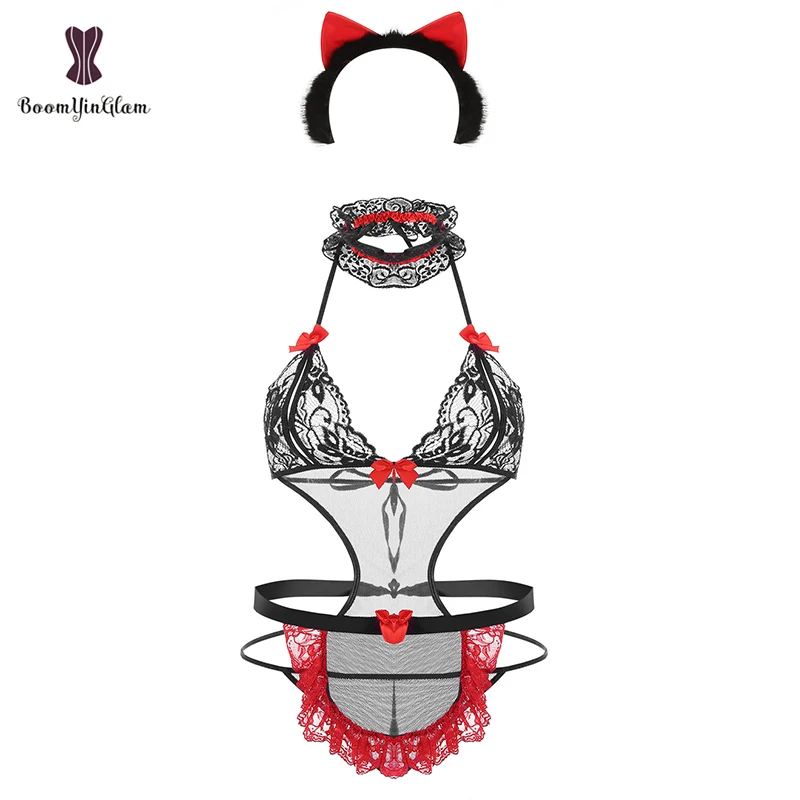 Black Red Purple Cute Cat Cosplay Costume Anime Maid Lolita Rabbit Ears Headband And Lace Bracelet With Thong Lingerie Set