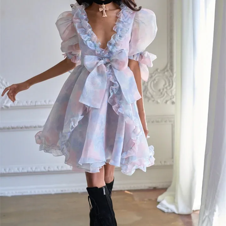 New Style Short Sleeve Printed Multi Color V Neck With Ruffle Ladies Casual Fashion  Evening dresses.
