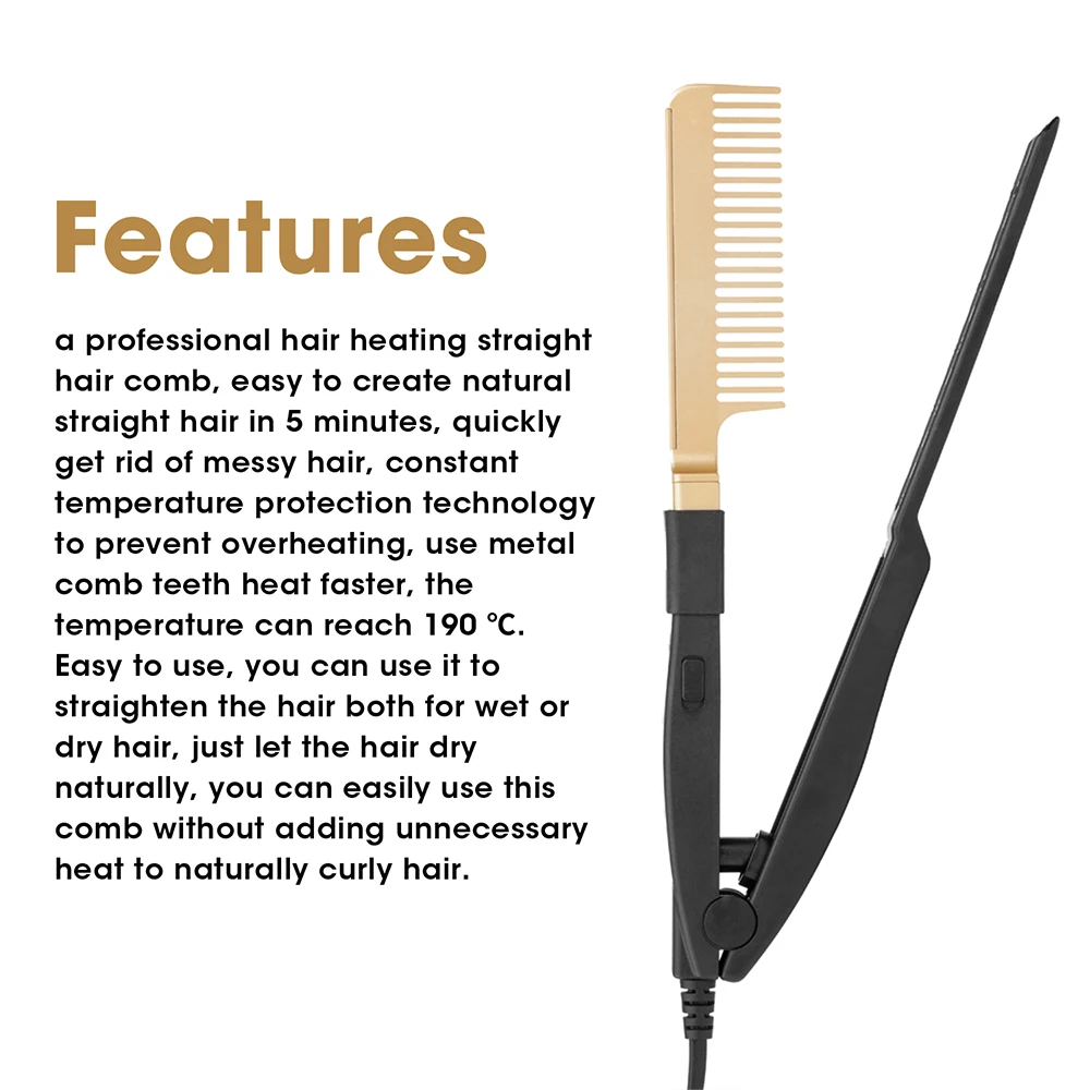 Leeons V-clip Style 2 in 1 Flat Iron Comb Straight Hair Styling Comb Hair Straightener V Comb for Hairdressing