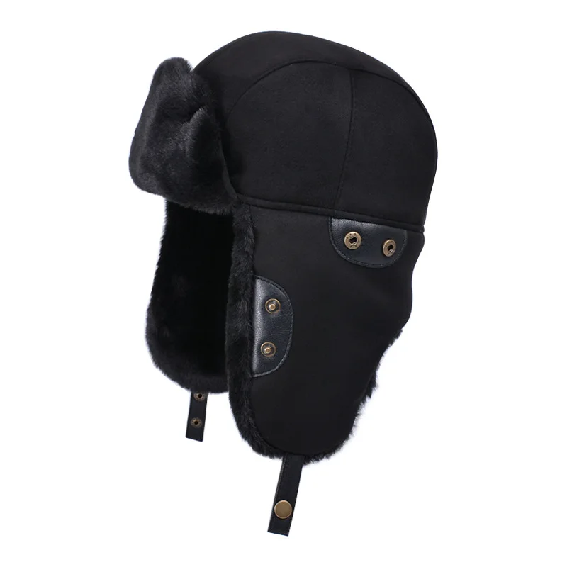 Unisex  Custom Waterproof Winter 3 in 1 Thermal Fur Lined Trapper Hat Warm Thick Fleece Lined Earflap Leather Snow Cossack Cap