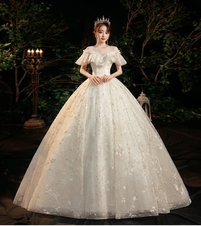 Newest Designs Off-shoulder Dress Floor Length Ball Gown Light Champagne Tulle Backless Lace Bridal Wedding Dresses