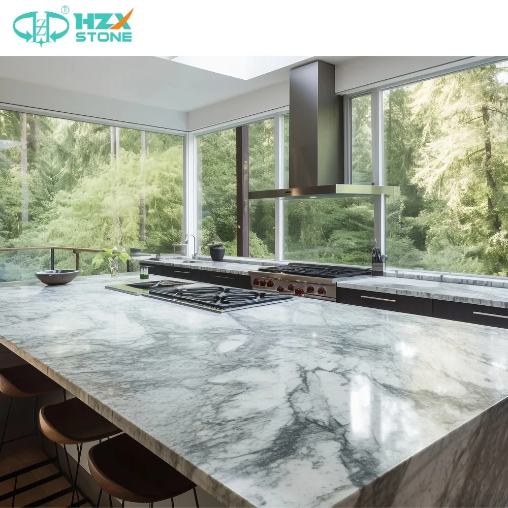 HZX Modern Polished Granite Kitchen Top Brazil Natural White Quartzite Stone Luxury Marble dining table Villas Sink Countertops