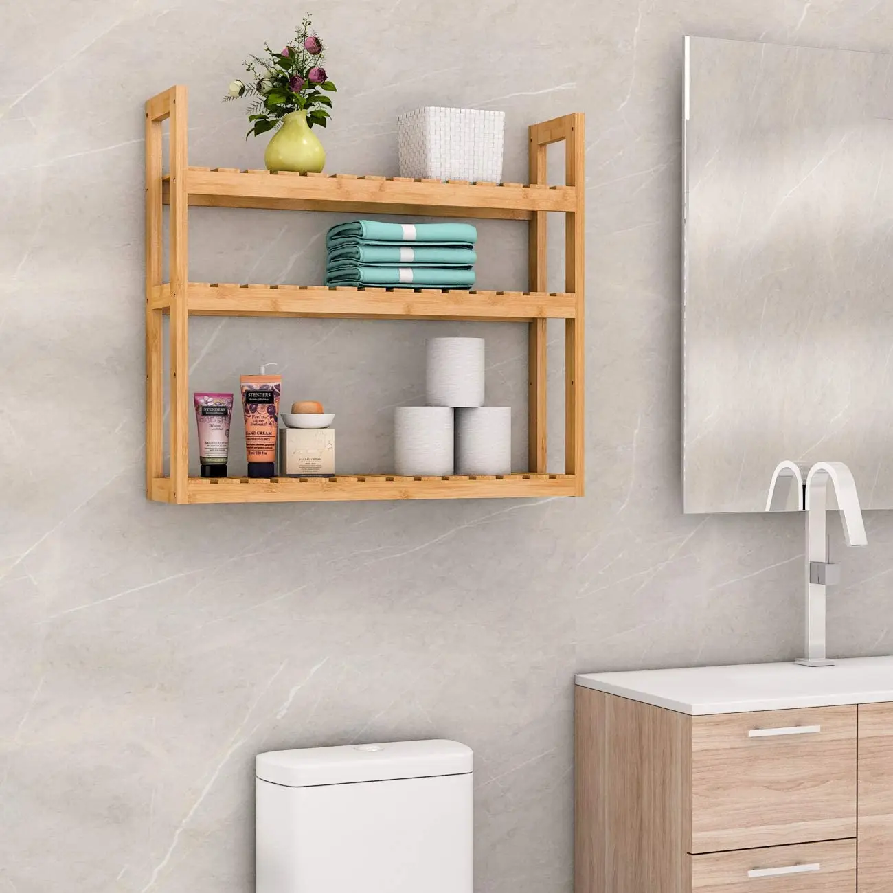 Bamboo Bathroom Shelf, 3-Tier Wall Mount Storage Rack, Adjustable Layer Free Standing Over Toilet Utility Shelves