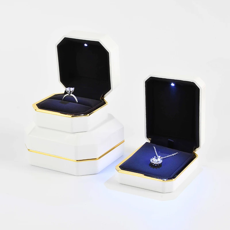 Custom Luxury Octagon Plastic White Up Fancy Jewel Set Led Bracelet Necklace Ring Jewellery Jewelry Packaging Box With Light For