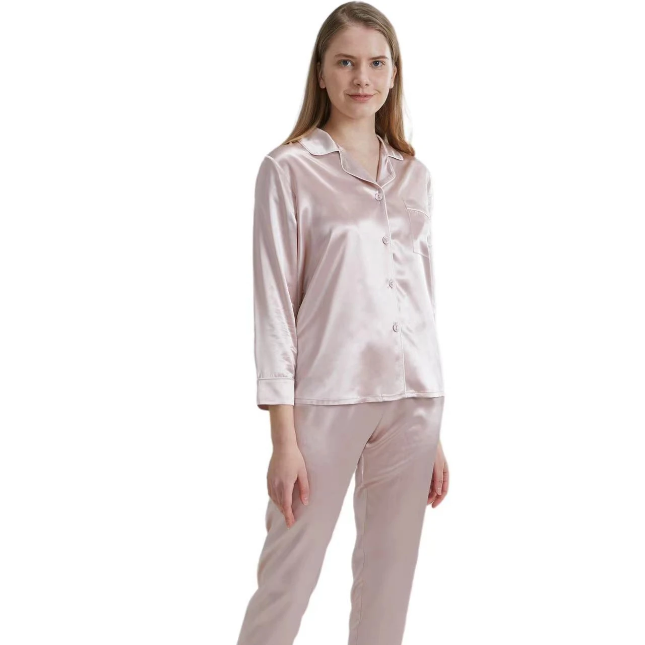 2022 Summer Pink Silk shirt pajamas women 22mm 100% pure silk nightwear 2 pieces suit pajamas silk shirt
