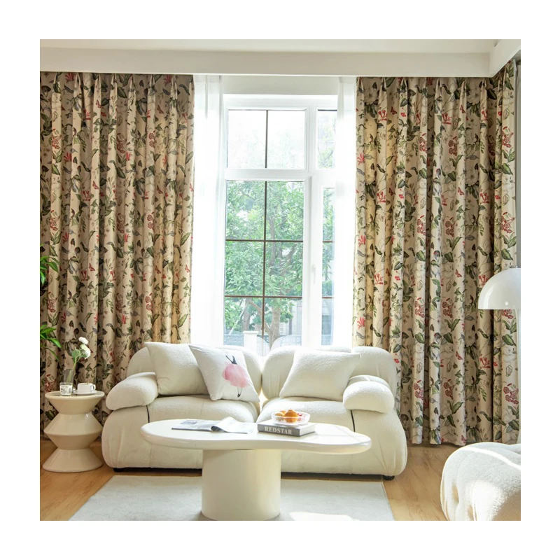 High Quality American printing Green Leaf Red Flower Printed Curtain Fabric, Hotel Living Room Decorative Curtain Fabric