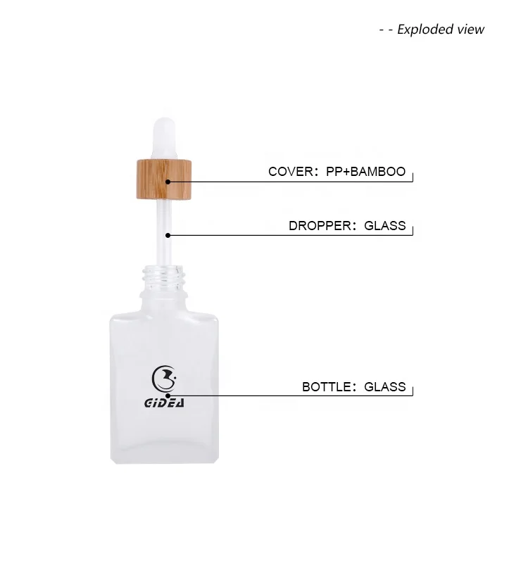 30ml Square Glass Cosmetic Bottle With Dropper and Bamboo Cap Wholesale Bamboo Dropper Bottle Biodegradable Cosmetic Bottle