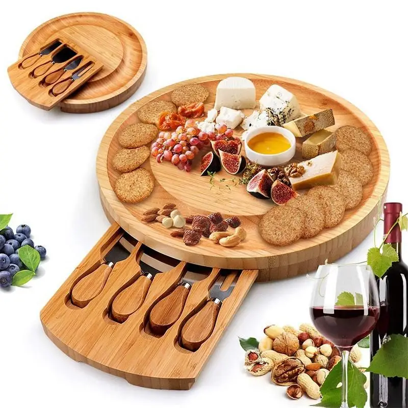 Multi-purpose Round Charcuterie Board Cheese Board Knives Bamboo Cheese Board And Knife Set
