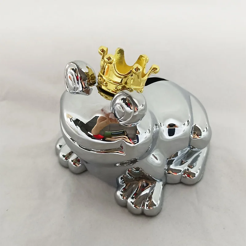 Metal money box frog chrome plated piggy bank with gold crown