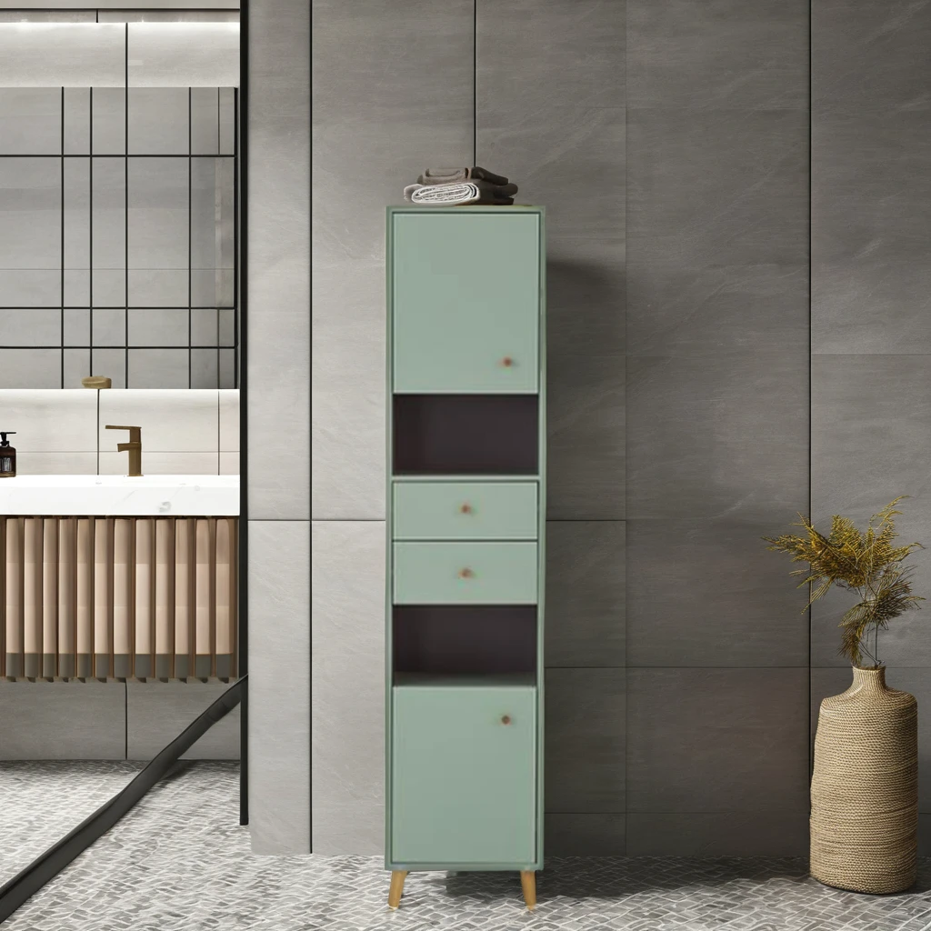 Source Factory OEM Bathroom Furniture Wood Pistachio Green Bathroom Tall Cabinet