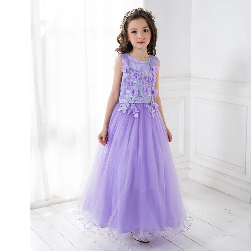 Purple Sleeveless Embroidery Lace Applique Flower Girl Dresses for Wedding