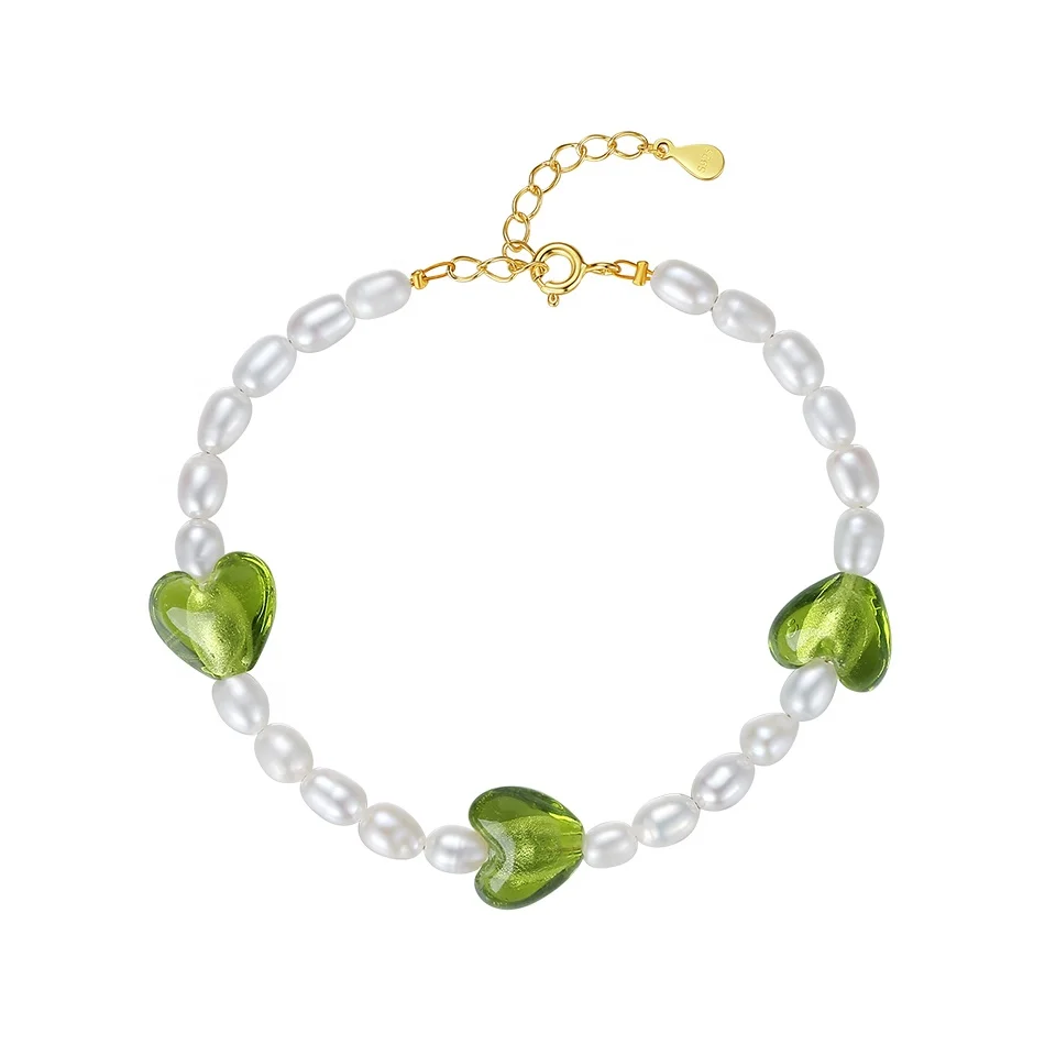 nagosa new arrival 925 sterling silver jewelry women 18k gold vermeil freshwater pearl & green heart beads bracelet necklace