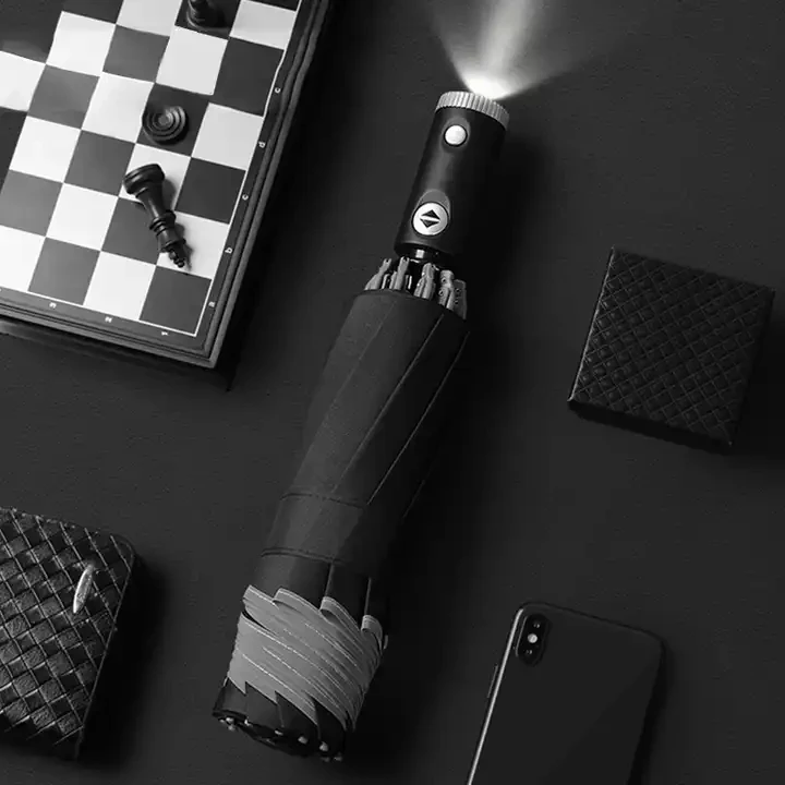 190T PG Business Gifts 3 Fold Reverse Reflective LED Light Handle Automatic Umbrella with Logo Printing