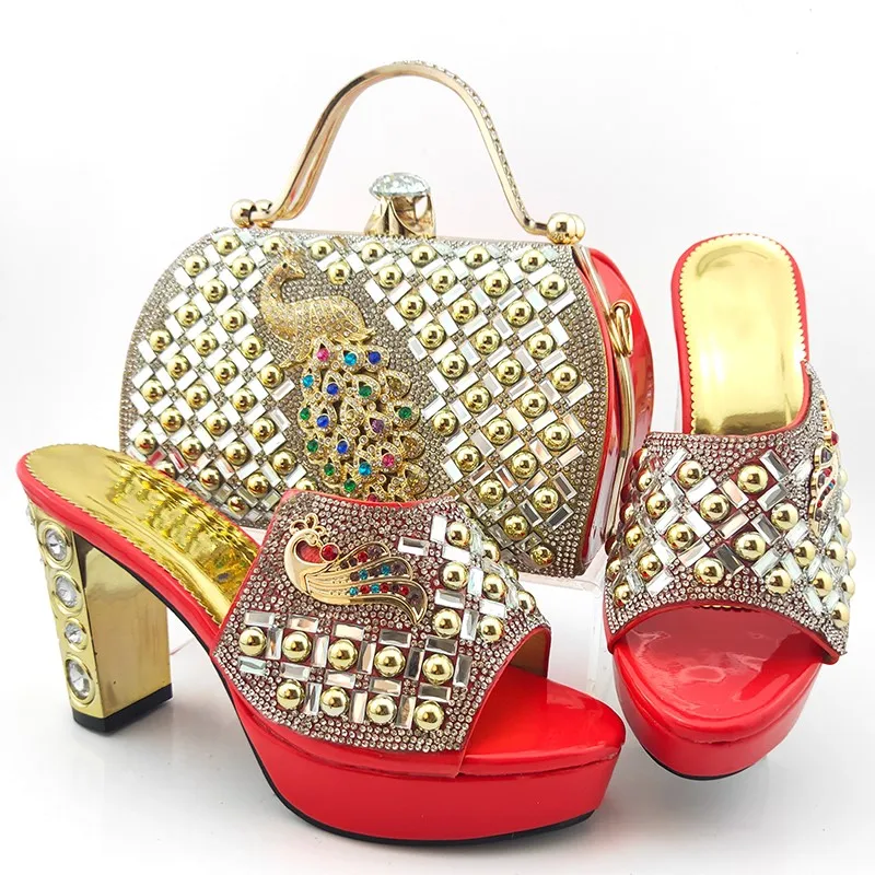 Wonderful coral women pumps with crystal decoration heel style african dress shoes match handbag set