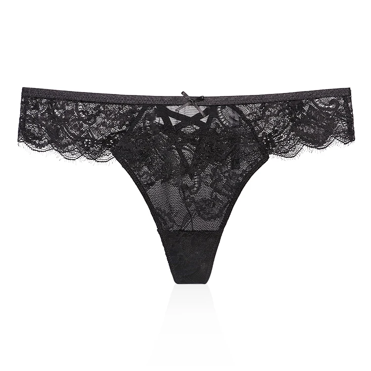 Custom Underwear Ladies Soft Lace Fabric Floral Sexy Black Mid Rise G String Thong Panties Transparent