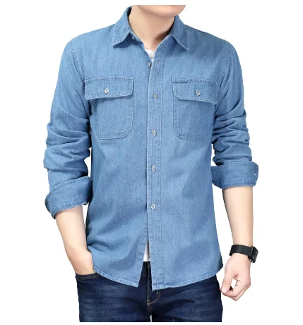 Men Denim Thin Solid Shirt Long Sleeve Soft 100% Cotton Jeans Cowboy Shirt OEM/ODM Shirt Service For Men