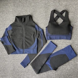 Custom Logo S-xl Gym Fitness Suit Bra Seamless Plus Size Jacket 3 Piece Training Suit Legging Set Long Sleeve Fitness Set Women