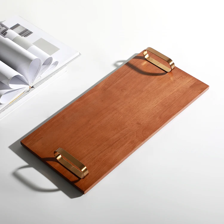 light luxury hotel accessories home decor restaurant centerpiece iron handle square wooden tray serving plate