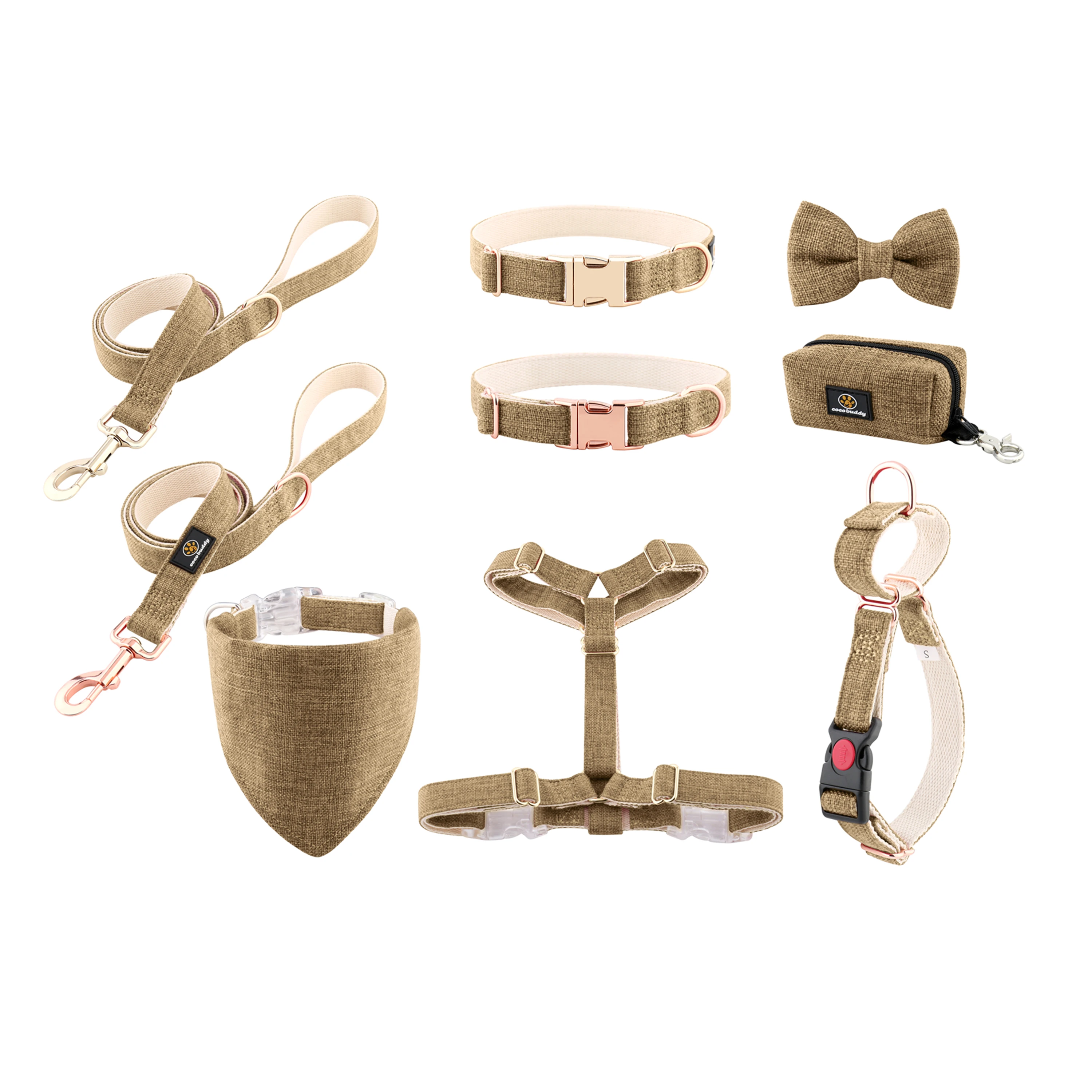 Eco-Friendly Hemp Dog Harness Set Hemp & Cotton Webbing Luxury Metal Buckle Bow Tie Collar Leash Harness Scarf Poop Bag